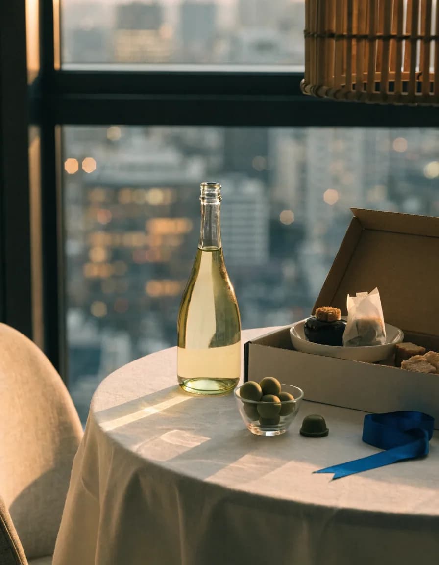 An opened gift hamper on a dinner table at golden hour